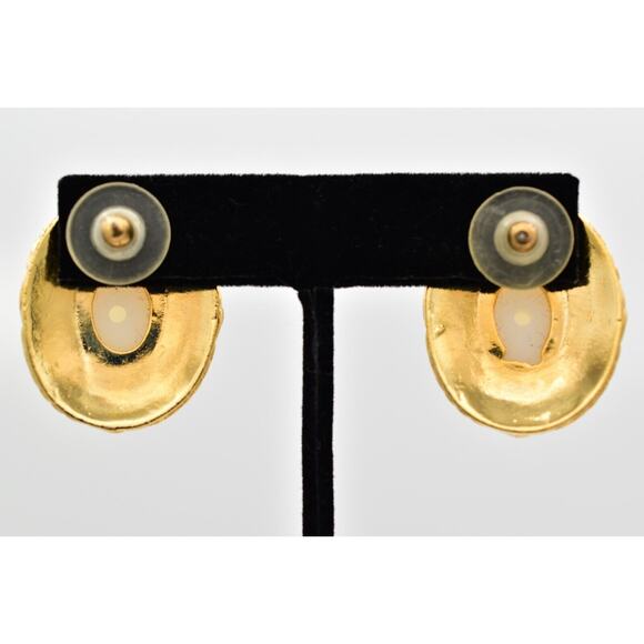 Vintage Oval Earrings White Pearl Gold Tone Heavy Chunky NOS USA 1980s BinAE - Picture 10 of 12